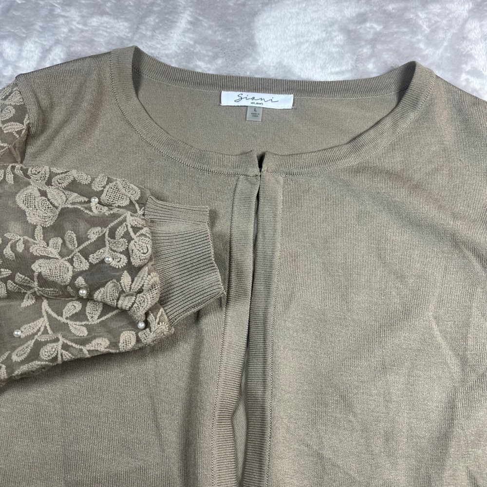 Siani Milano Women's Large Cardigan Taupe Embroidered Pearl Mesh Balloon Sleeve